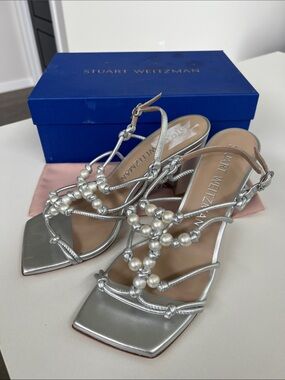 Stuart Weitzman faux pearl knot 80 open toe sandals heels liquid silver metallic